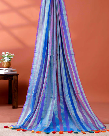 Handloom Mul Mul Cotton Saree with Vertical Stripe Pattern and Decorative Tassels - Purple