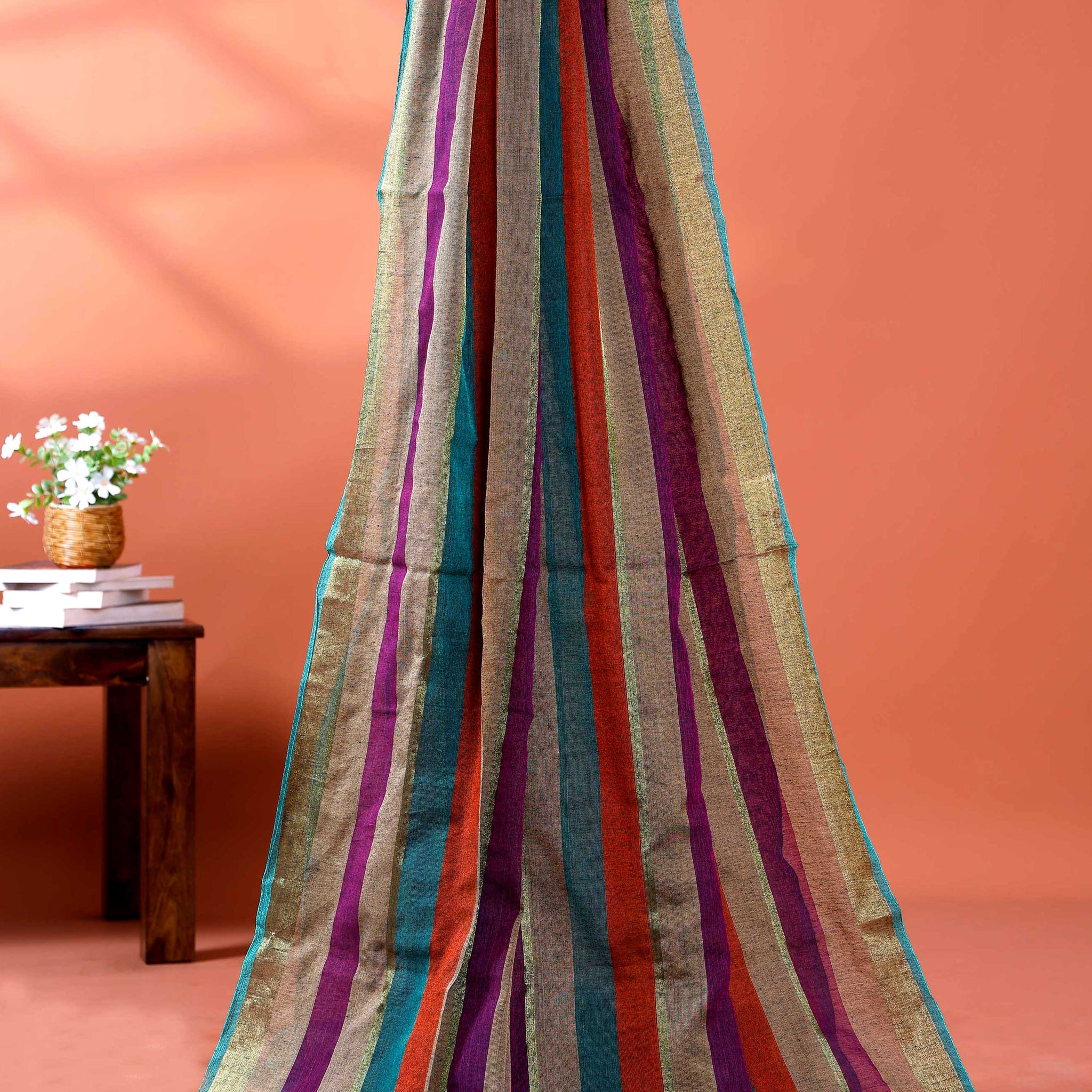 Handloom Mul Mul Cotton Saree with Vertical Stripe Pattern and Decorative Tassels - Multi