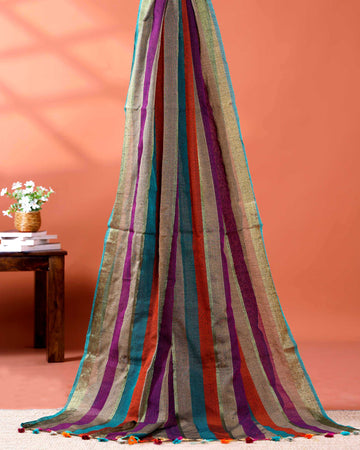 Handloom Mul Mul Cotton Saree with Vertical Stripe Pattern and Decorative Tassels - Multi