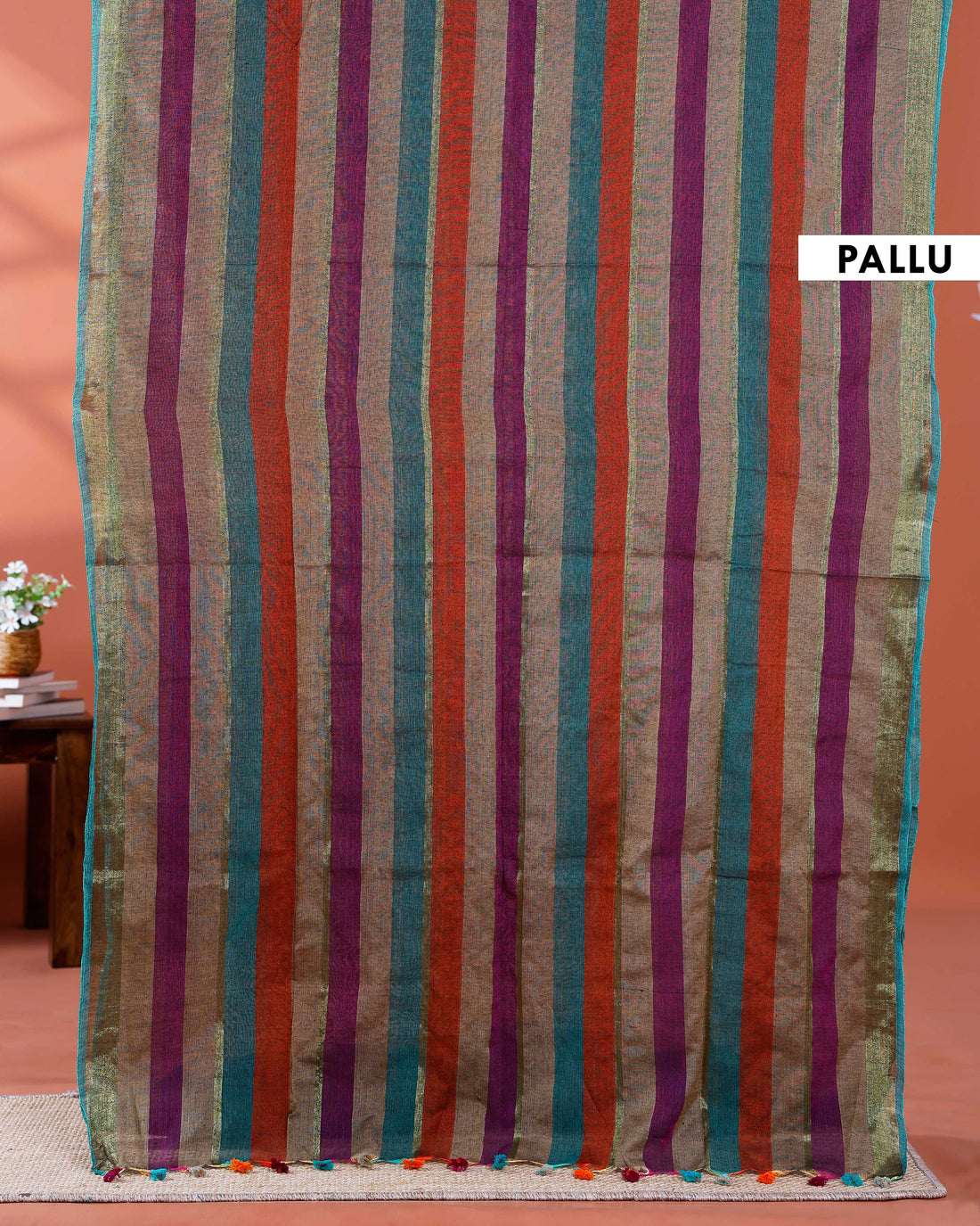 Handloom Mul Mul Cotton Saree with Vertical Stripe Pattern and Decorative Tassels - Multi