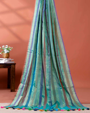 Handloom Mul Mul Cotton Saree with Vertical Stripe Pattern and Decorative Tassels - Green