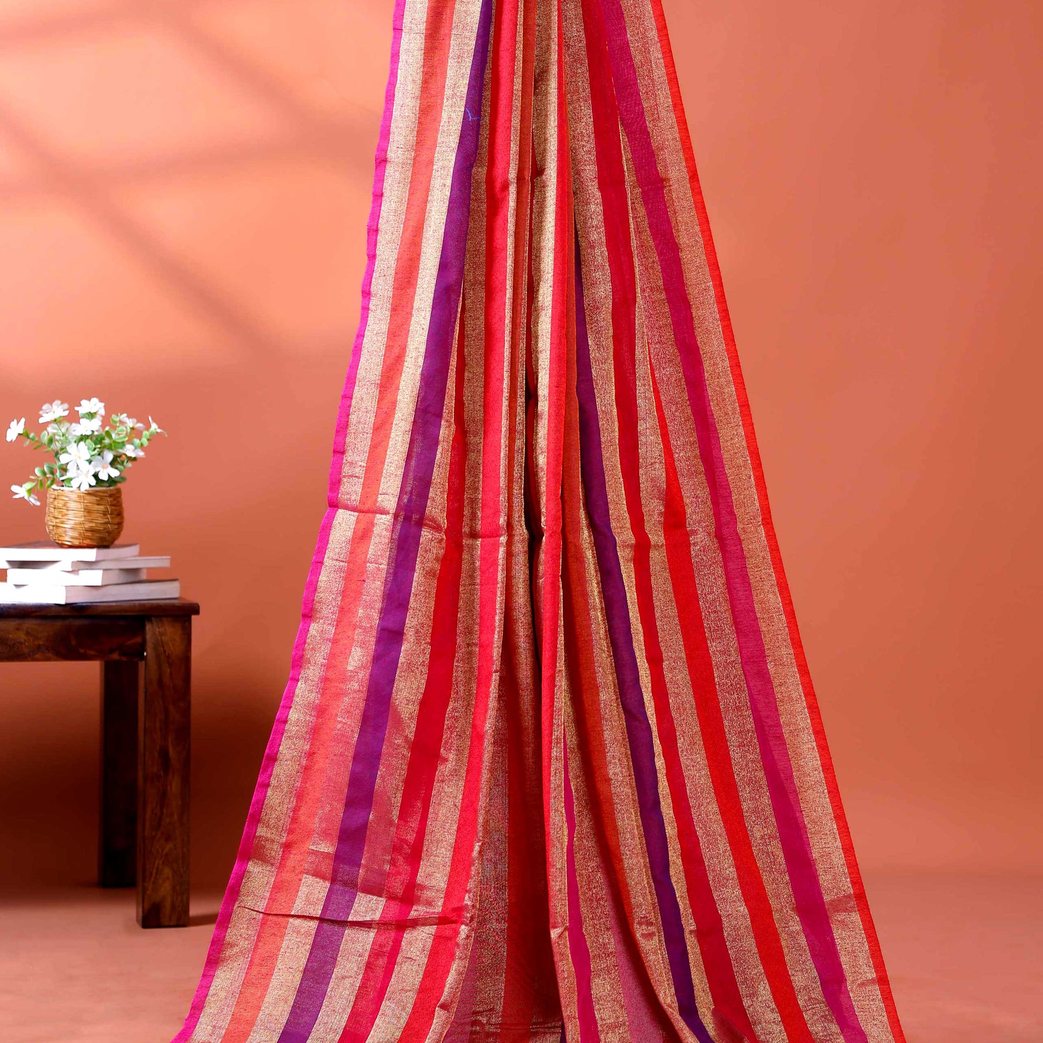Handloom Mul Mul Cotton Saree with Vertical Stripe Pattern and Decorative Tassels - Multi
