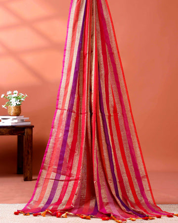 Handloom Mul Mul Cotton Saree with Vertical Stripe Pattern and Decorative Tassels - Multi