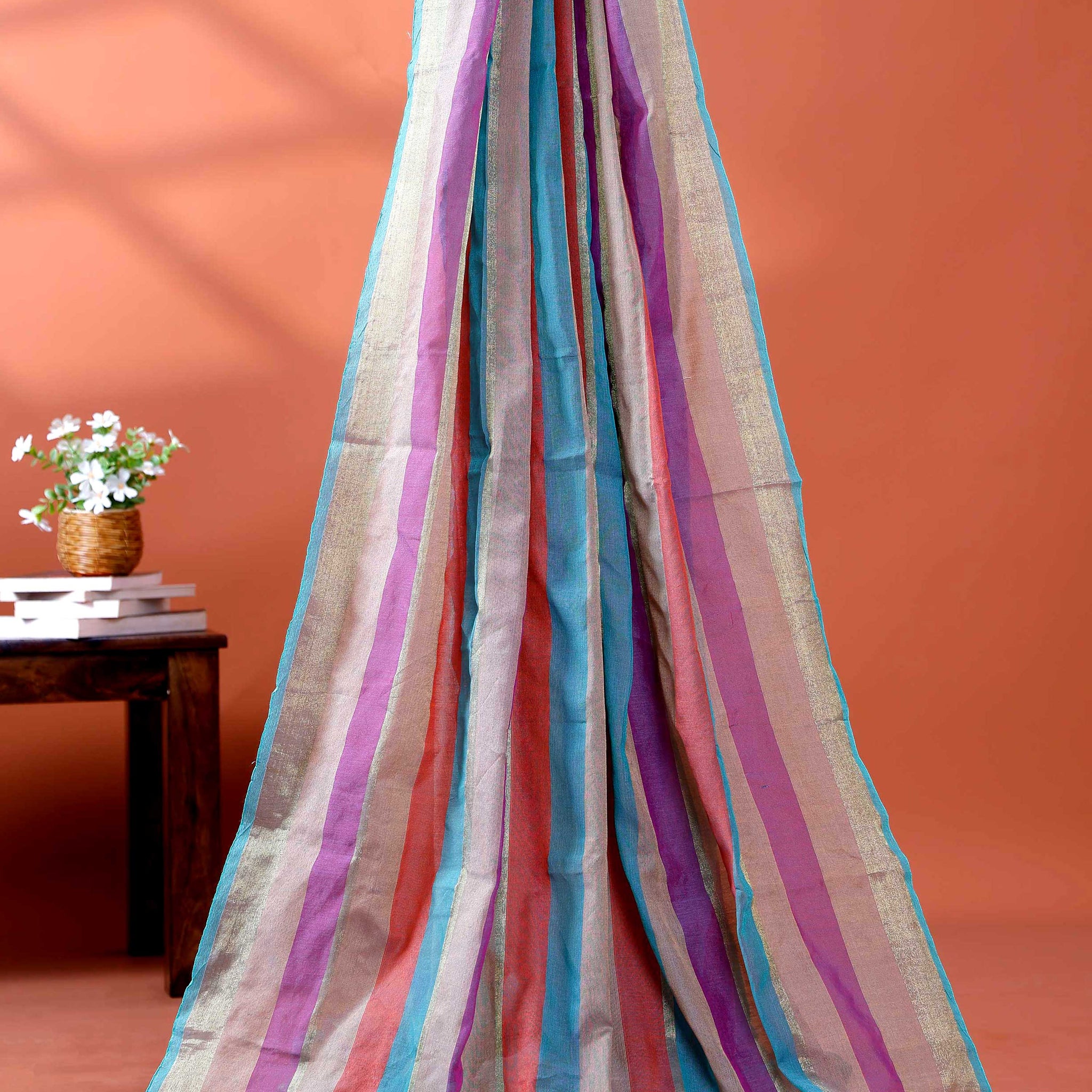 Handloom Mul Mul Cotton Saree with Vertical Stripe Pattern and Decorative Tassels - Multi