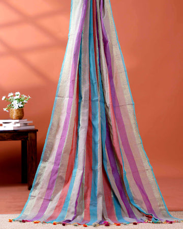 Handloom Mul Mul Cotton Saree with Vertical Stripe Pattern and Decorative Tassels - Multi
