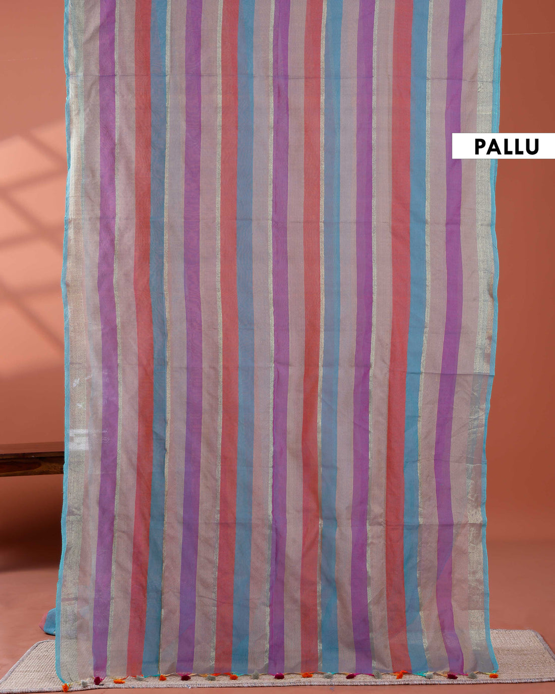 Handloom Mul Mul Cotton Saree with Vertical Stripe Pattern and Decorative Tassels - Multi