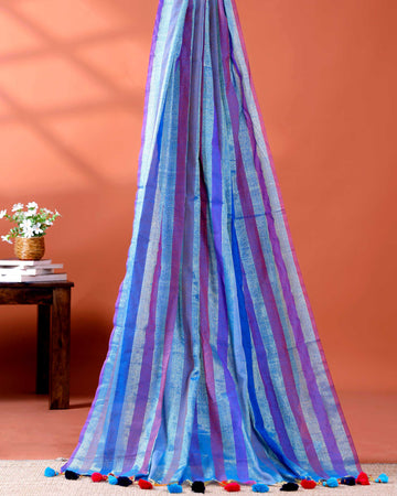 Handloom Mul Mul Cotton Saree with Vertical Stripe Pattern and Decorative Tassels - Purple