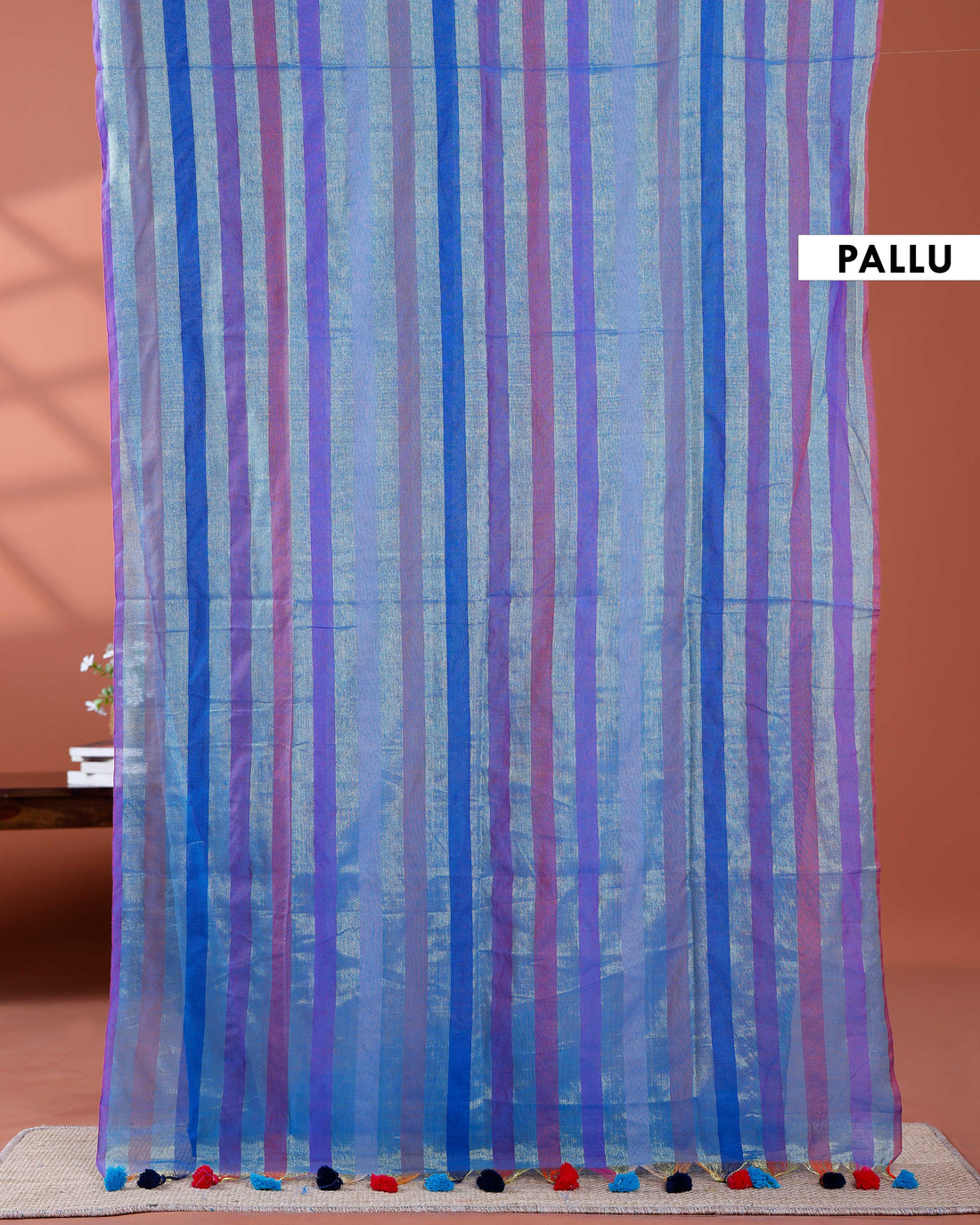 Handloom Mul Mul Cotton Saree with Vertical Stripe Pattern and Decorative Tassels - Purple
