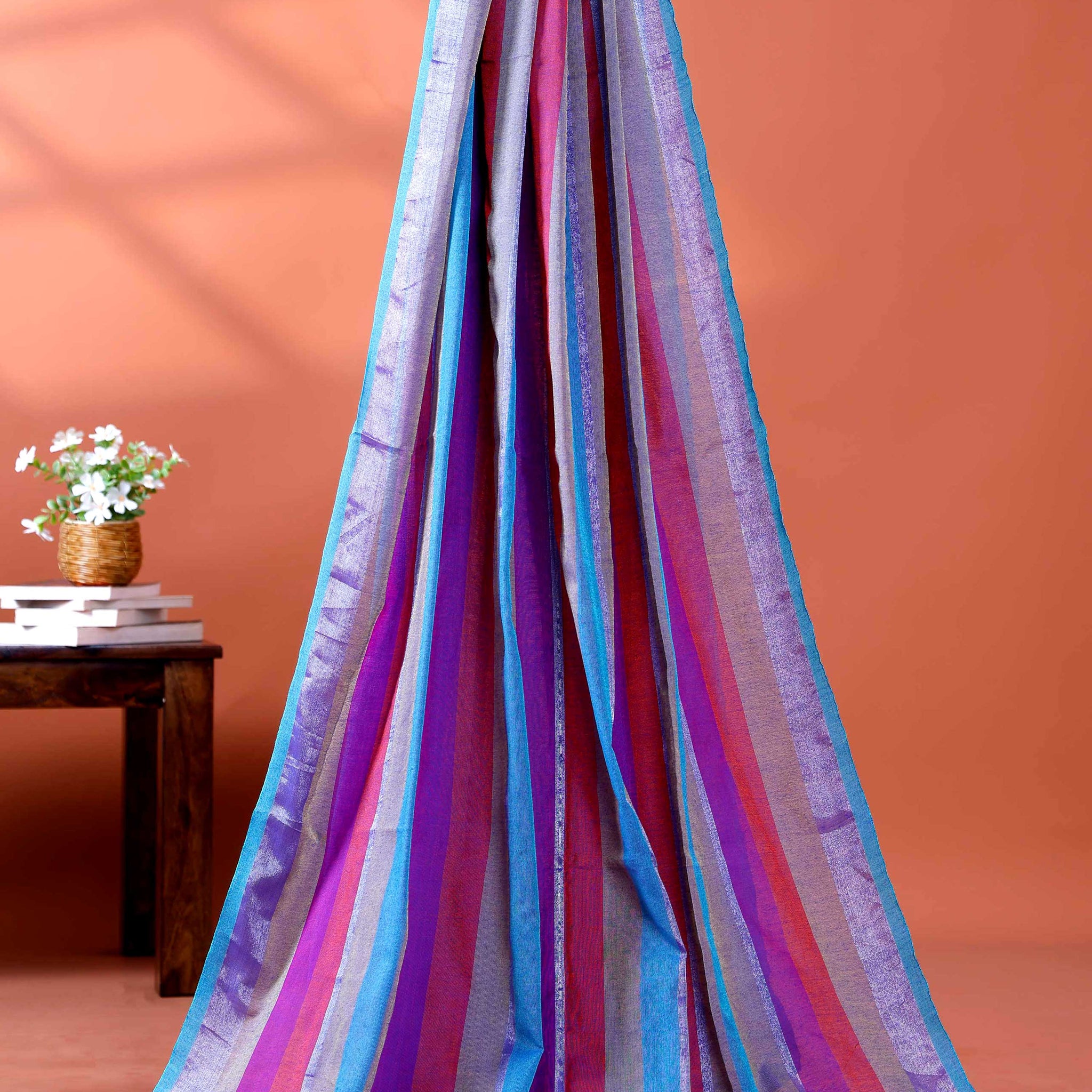 Handloom Mul Mul Cotton Saree with Vertical Stripe Pattern and Decorative Tassels - Multi