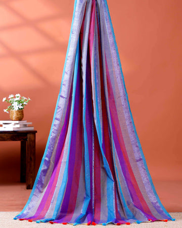 Handloom Mul Mul Cotton Saree with Vertical Stripe Pattern and Decorative Tassels - Multi