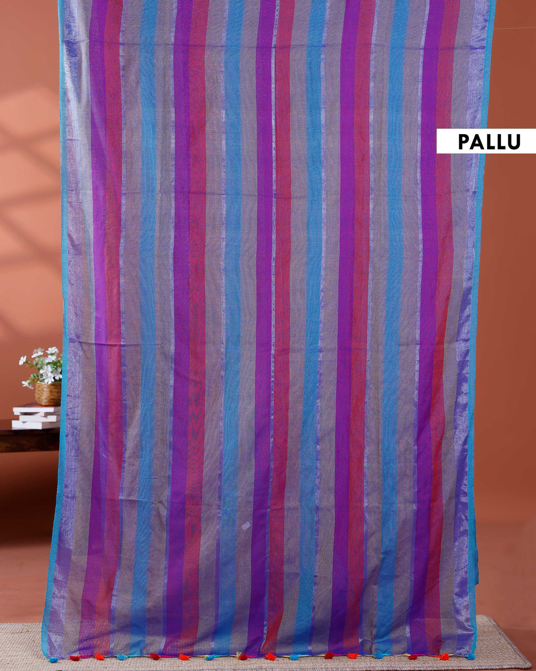 Handloom Mul Mul Cotton Saree with Vertical Stripe Pattern and Decorative Tassels - Multi