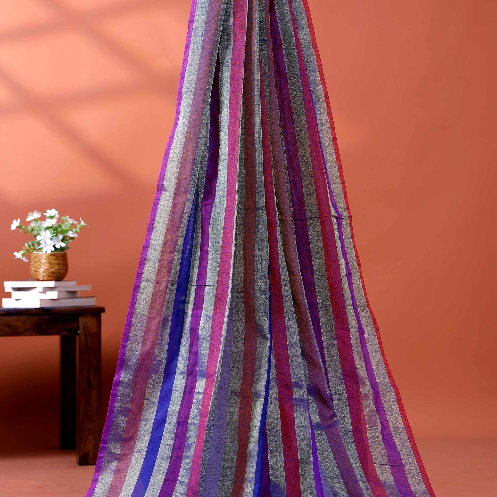 Handloom Mul Mul Cotton Saree with Vertical Stripe Pattern and Decorative Tassels - Multi