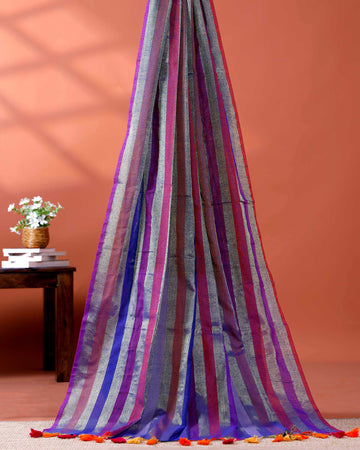 Handloom Mul Mul Cotton Saree with Vertical Stripe Pattern and Decorative Tassels - Multi