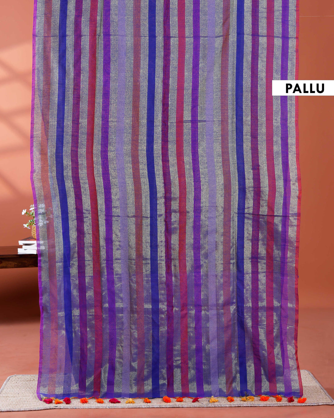 Handloom Mul Mul Cotton Saree with Vertical Stripe Pattern and Decorative Tassels - Multi