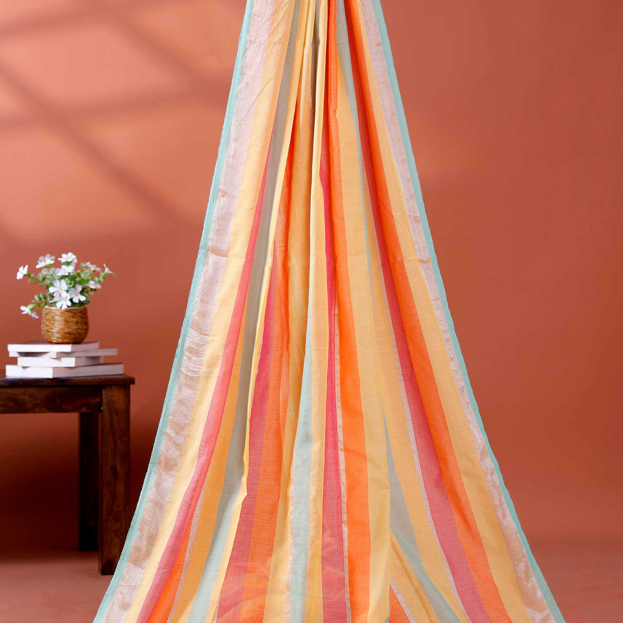 Handloom Mul Mul Cotton Saree with Vertical Stripe Pattern and Decorative Tassels - Multi