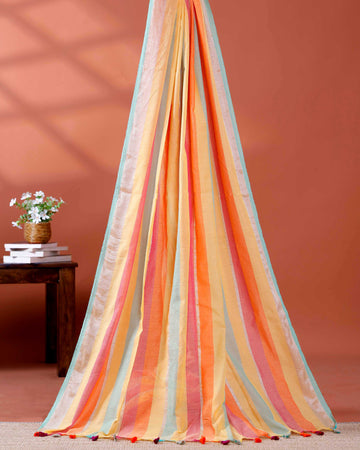 Handloom Mul Mul Cotton Saree with Vertical Stripe Pattern and Decorative Tassels - Multi