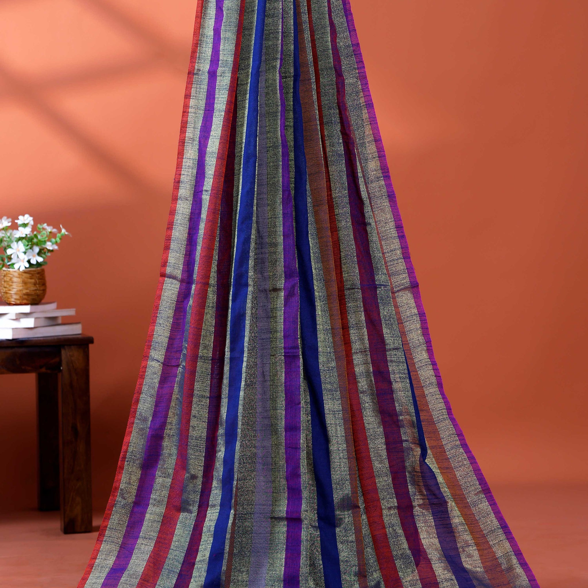 Handloom Mul Mul Cotton Saree with Vertical Stripe Pattern and Decorative Tassels - Multi