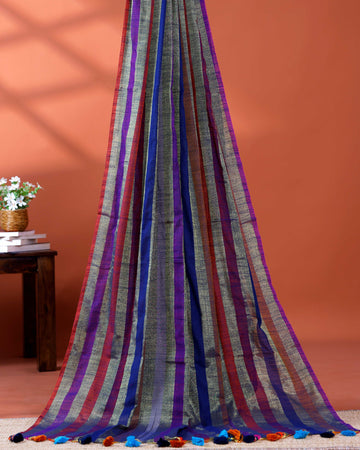 Handloom Mul Mul Cotton Saree with Vertical Stripe Pattern and Decorative Tassels - Multi