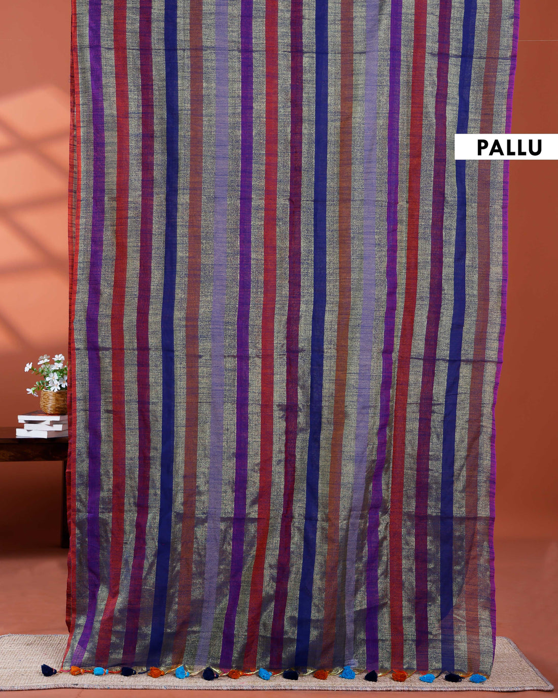 Handloom Mul Mul Cotton Saree with Vertical Stripe Pattern and Decorative Tassels - Multi