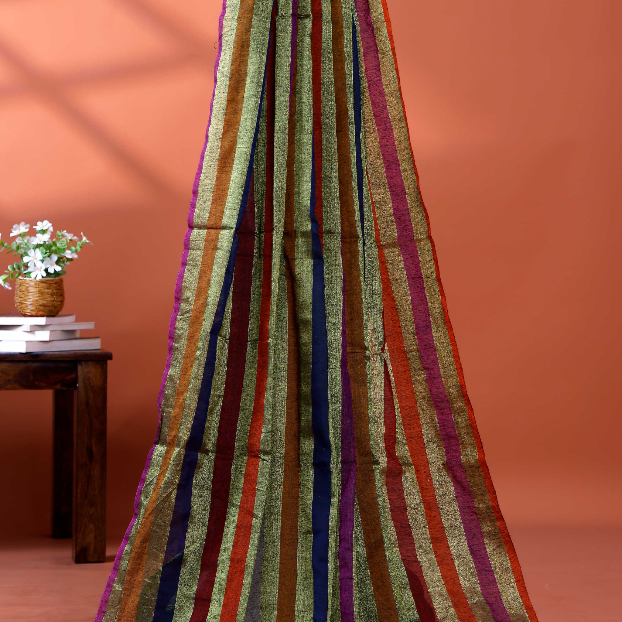 Handloom Mul Mul Cotton Saree with Vertical Stripe Pattern and Decorative Tassels - Multi
