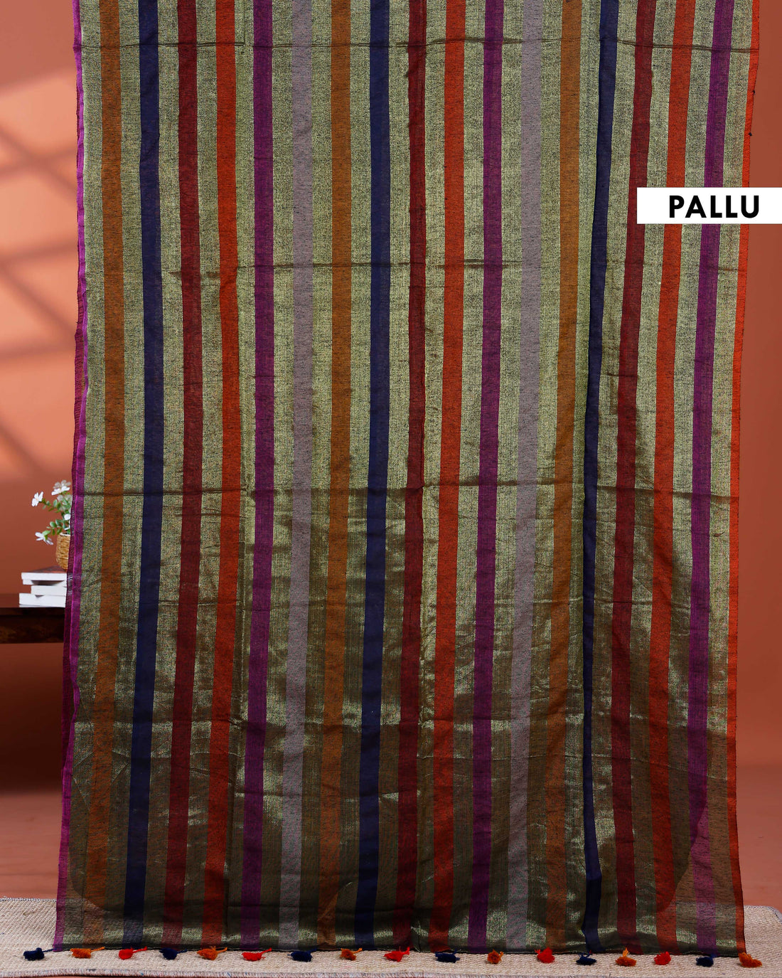 Handloom Mul Mul Cotton Saree with Vertical Stripe Pattern and Decorative Tassels - Multi