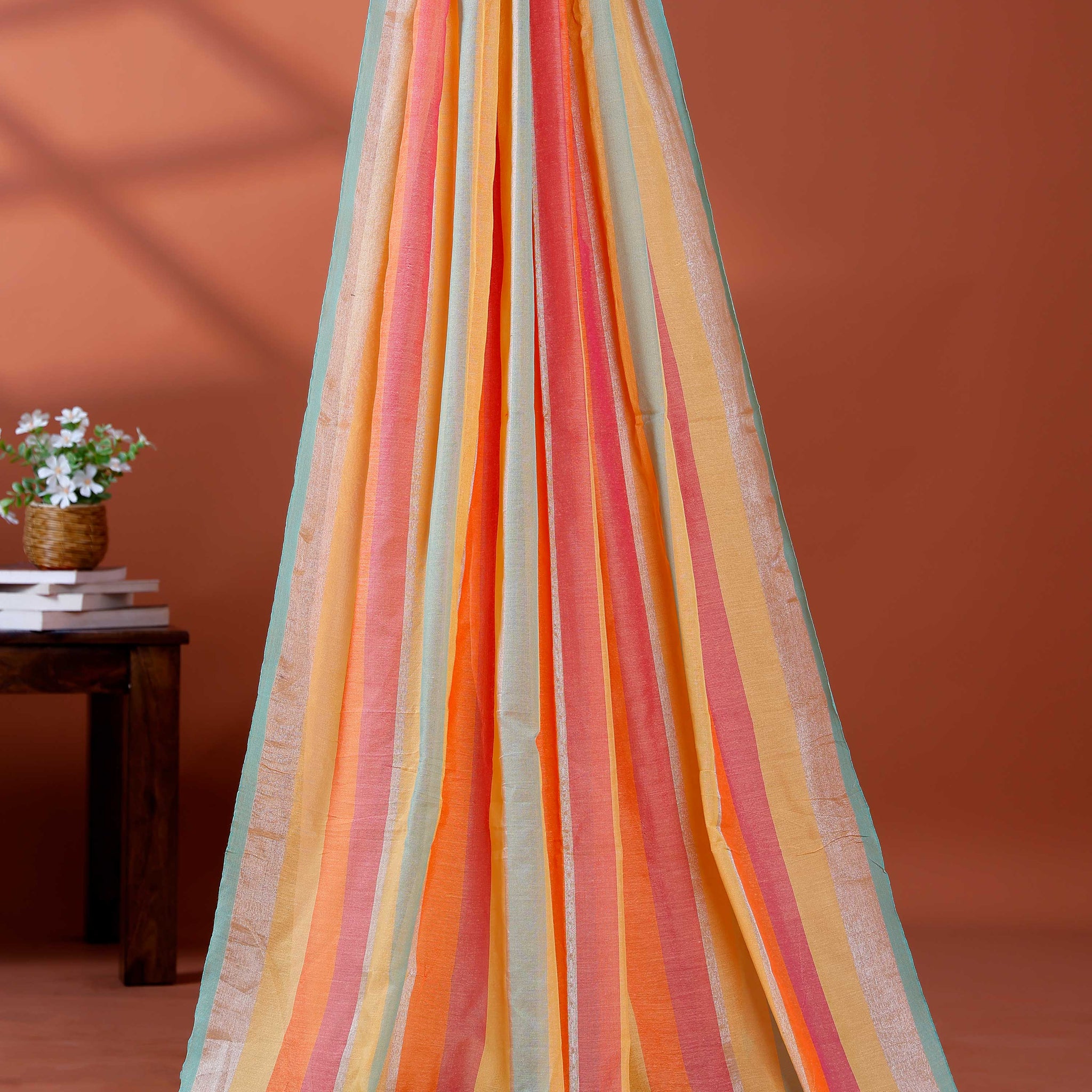 Handloom Mul Mul Cotton Saree with Vertical Stripe Pattern and Decorative Tassels - Multi