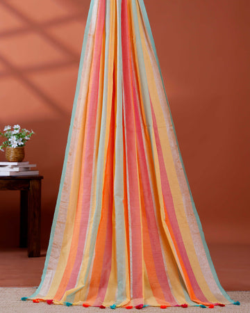 Handloom Mul Mul Cotton Saree with Vertical Stripe Pattern and Decorative Tassels - Multi