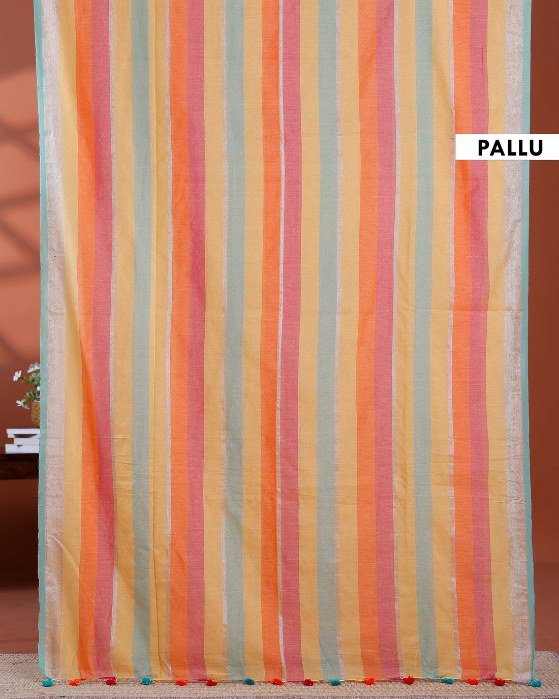 Handloom Mul Mul Cotton Saree with Vertical Stripe Pattern and Decorative Tassels - Multi