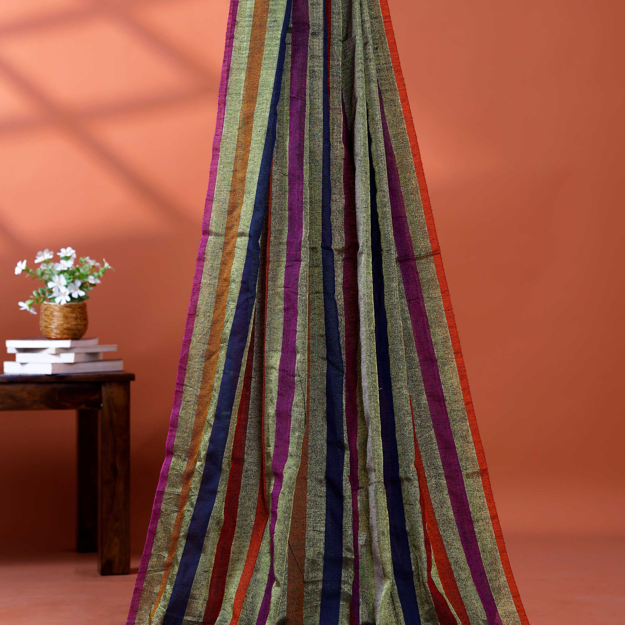 Handloom Mul Mul Cotton Saree with Vertical Stripe Pattern and Decorative Tassels - Multi