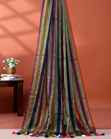 Handloom Mul Mul Cotton Saree with Vertical Stripe Pattern and Decorative Tassels - Multi