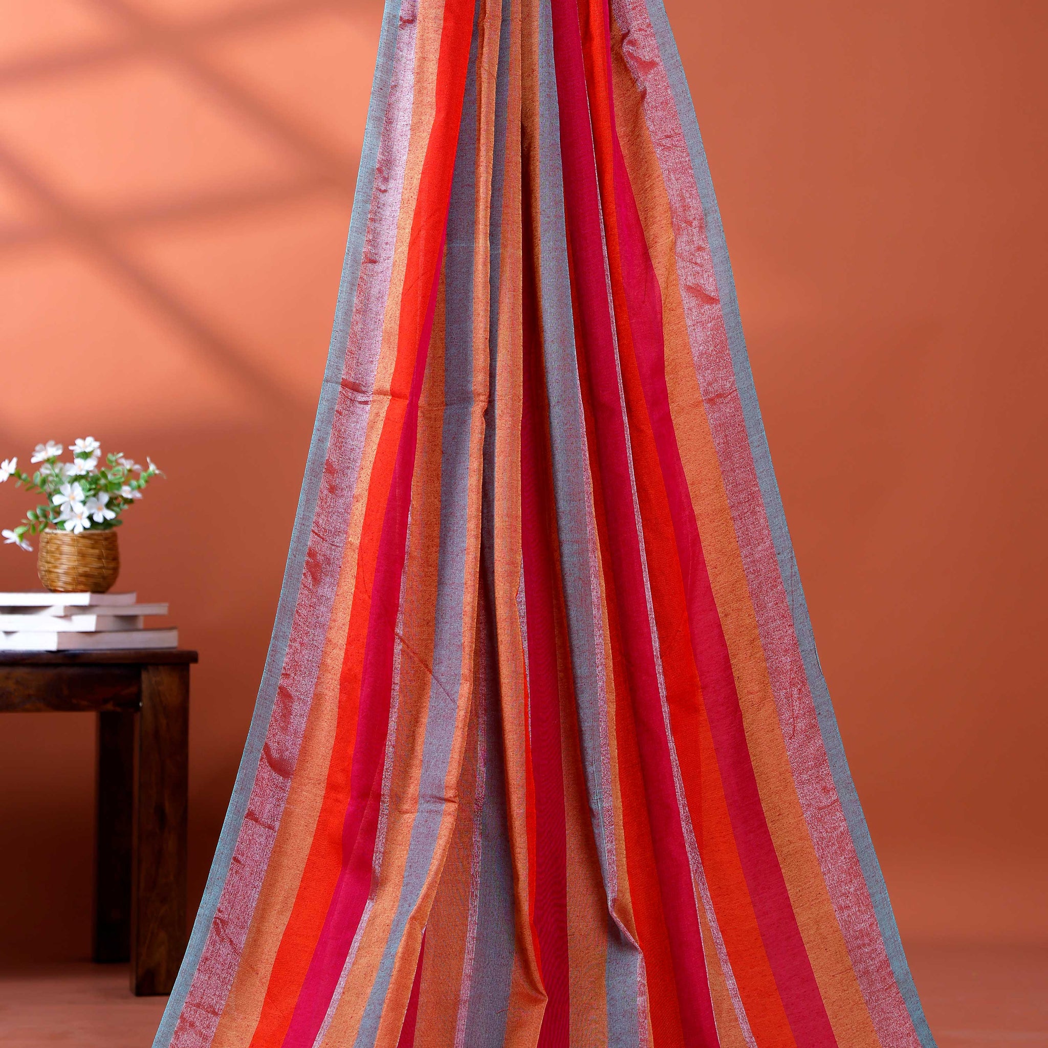 Handloom Mul Mul Cotton Saree with Vertical Stripe Pattern and Decorative Tassels - Multi