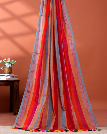 Handloom Mul Mul Cotton Saree with Vertical Stripe Pattern and Decorative Tassels - Multi