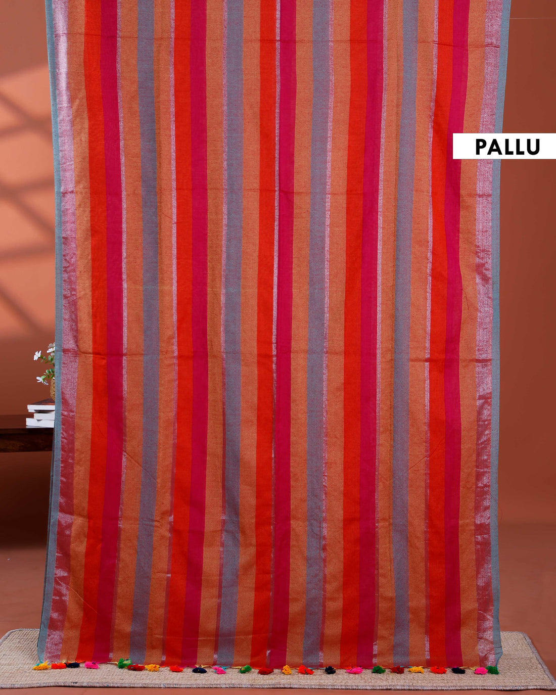 Handloom Mul Mul Cotton Saree with Vertical Stripe Pattern and Decorative Tassels - Multi
