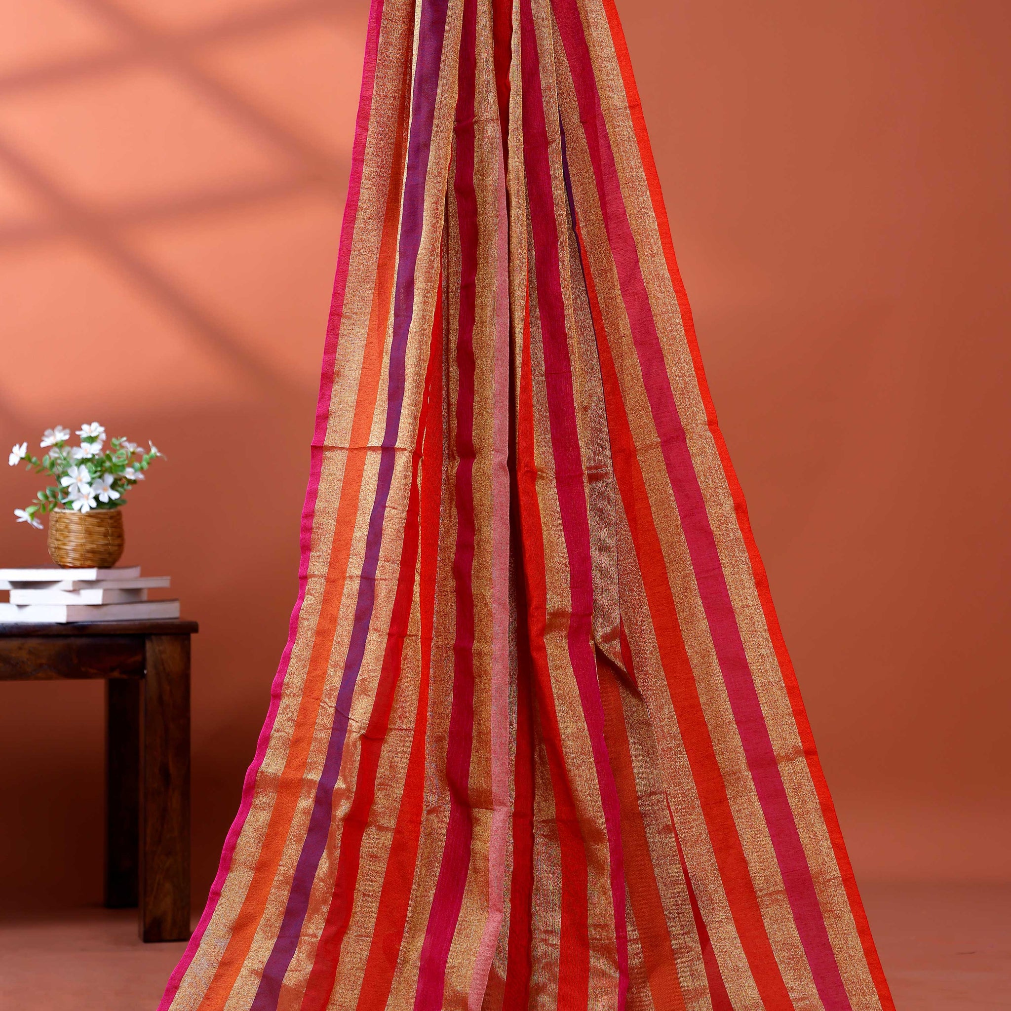 Handloom Mul Mul Cotton Saree with Vertical Stripe Pattern and Decorative Tassels - Multi