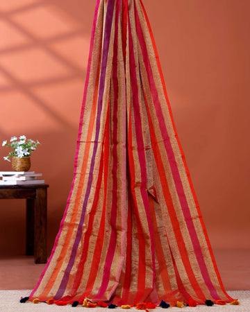 Handloom Mul Mul Cotton Saree with Vertical Stripe Pattern and Decorative Tassels - Multi