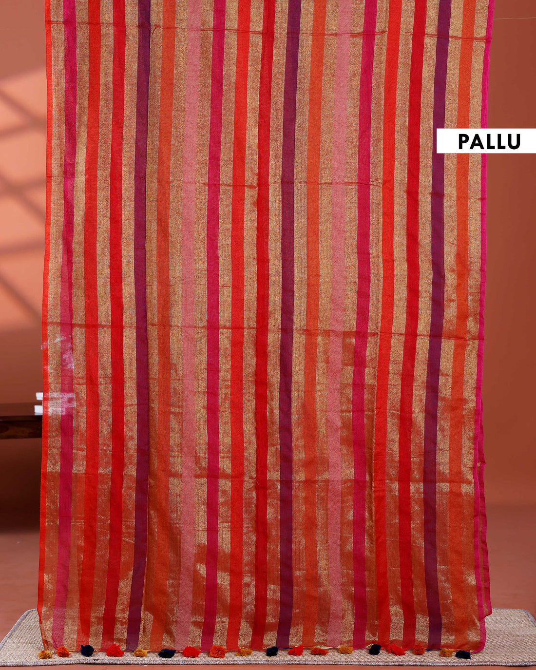 Handloom Mul Mul Cotton Saree with Vertical Stripe Pattern and Decorative Tassels - Multi