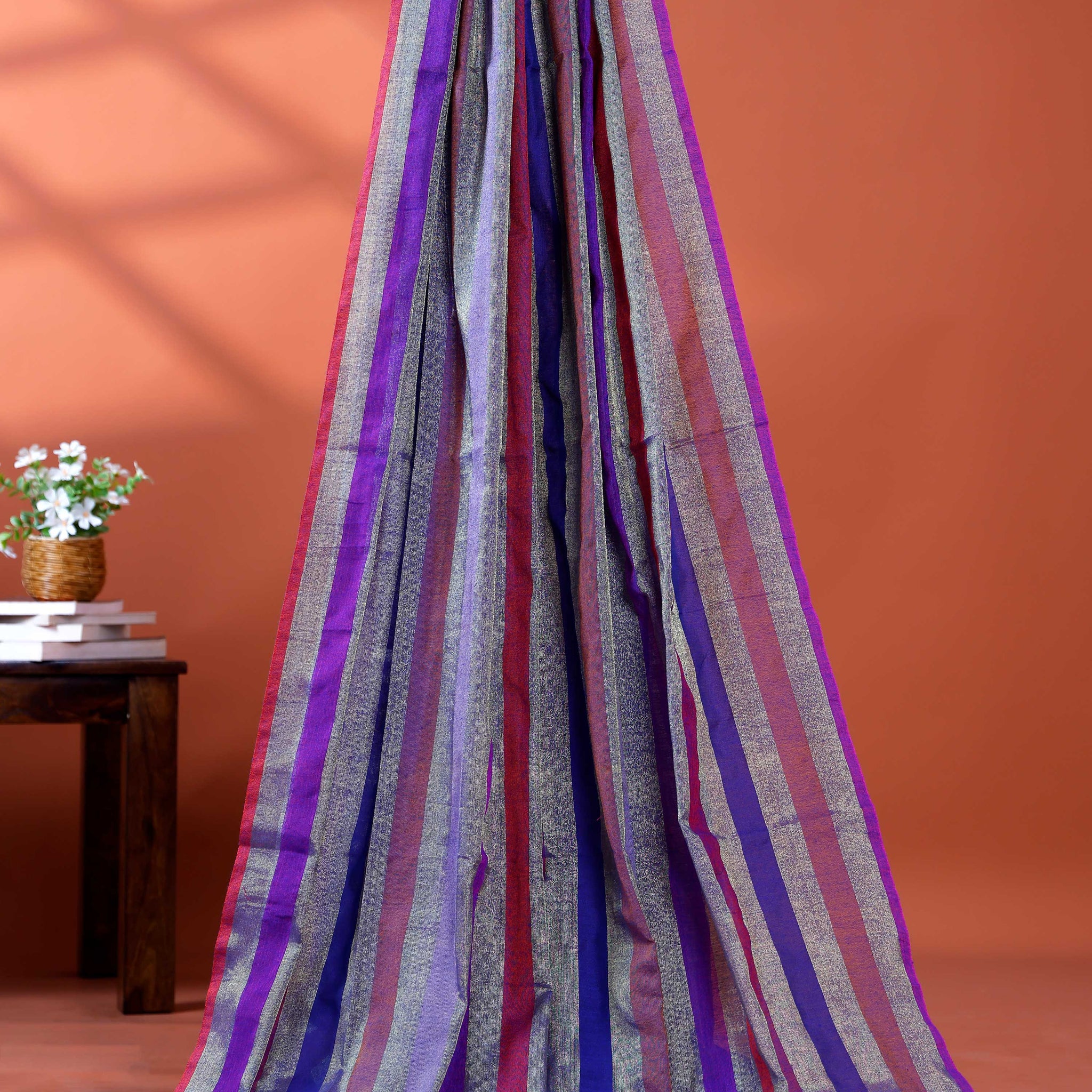 Handloom Mul Mul Cotton Saree with Vertical Stripe Pattern and Decorative Tassels - Purple