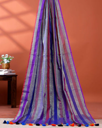 Handloom Mul Mul Cotton Saree with Vertical Stripe Pattern and Decorative Tassels - Purple