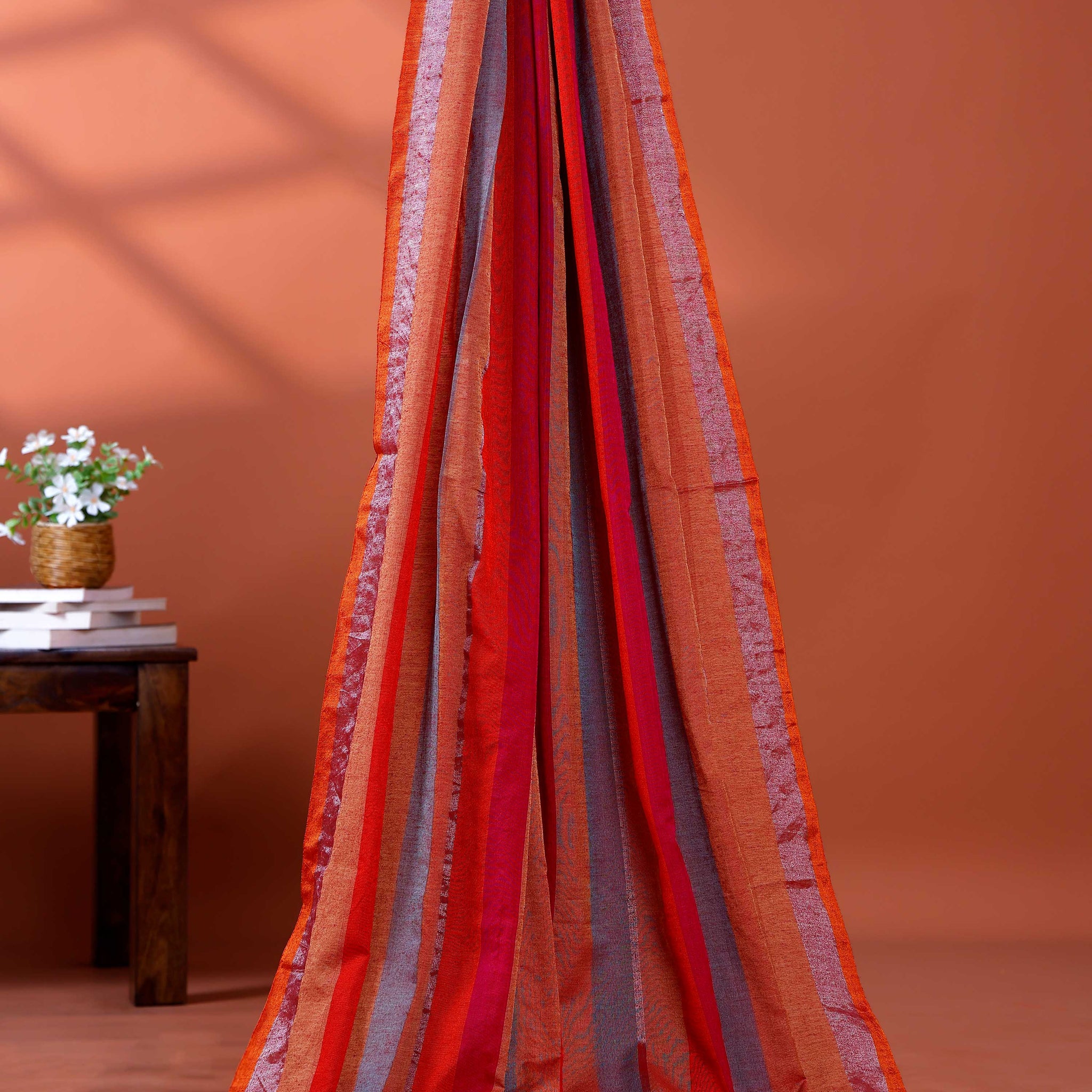 Handloom Mul Mul Cotton Saree with Vertical Stripe Pattern and Decorative Tassels - Multi