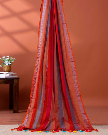 Handloom Mul Mul Cotton Saree with Vertical Stripe Pattern and Decorative Tassels - Multi