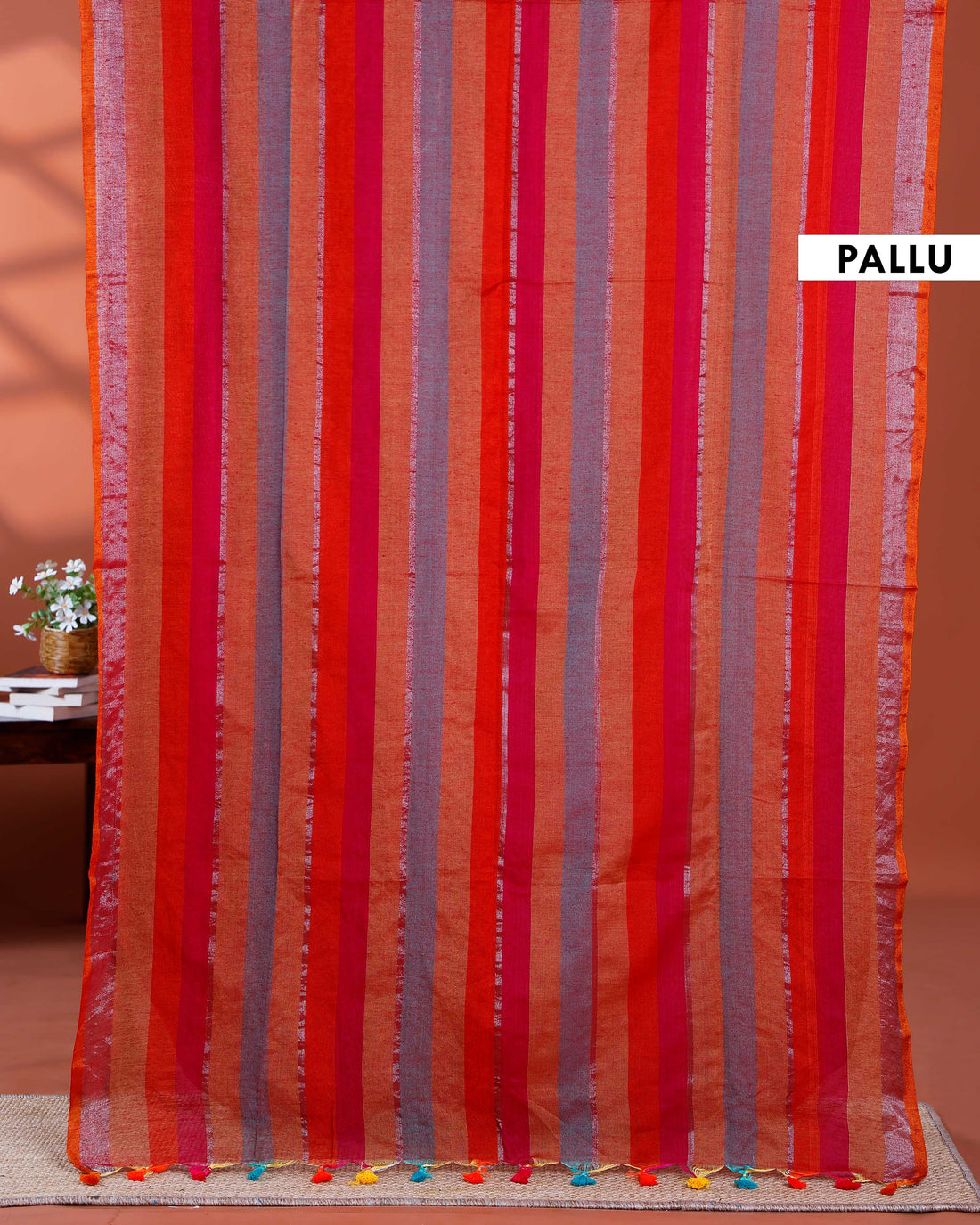 Handloom Mul Mul Cotton Saree with Vertical Stripe Pattern and Decorative Tassels - Multi