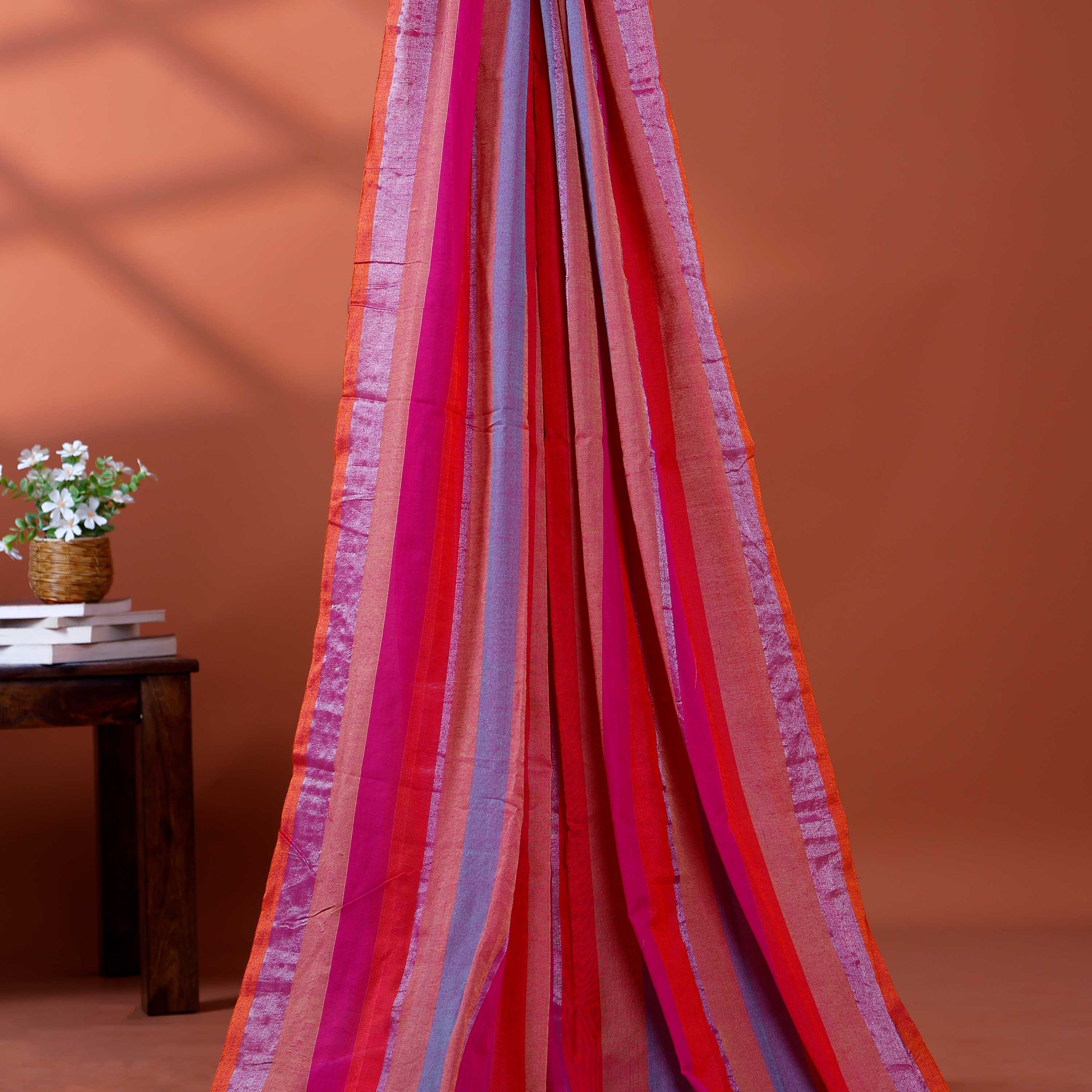 Handloom Mul Mul Cotton Saree with Vertical Stripe Pattern and Decorative Tassels - Multi