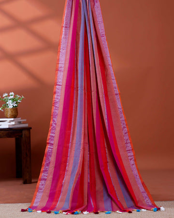 Handloom Mul Mul Cotton Saree with Vertical Stripe Pattern and Decorative Tassels - Multi