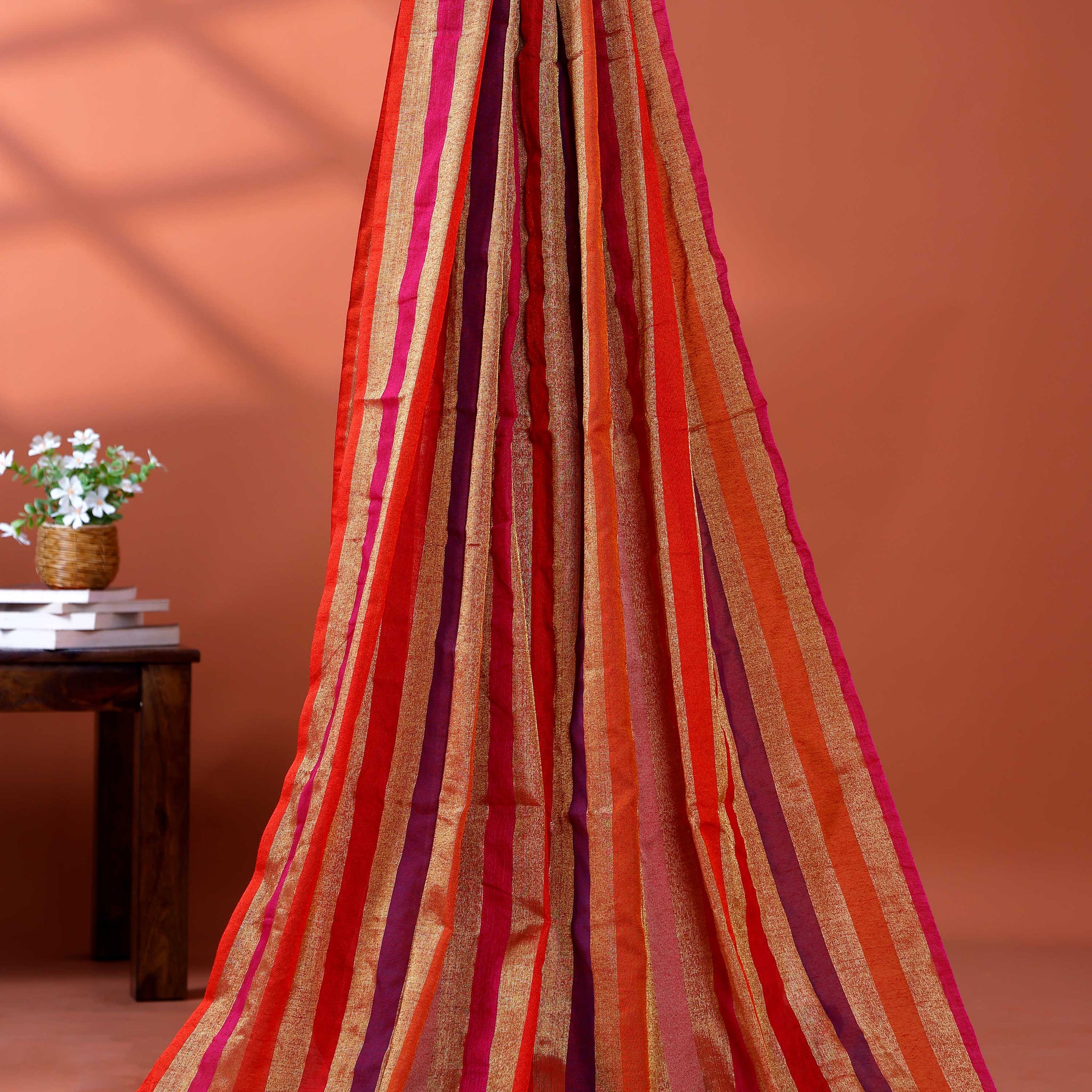 Handloom Mul Mul Cotton Saree with Vertical Stripe Pattern and Decorative Tassels - Multi