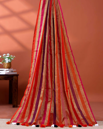 Handloom Mul Mul Cotton Saree with Vertical Stripe Pattern and Decorative Tassels - Multi