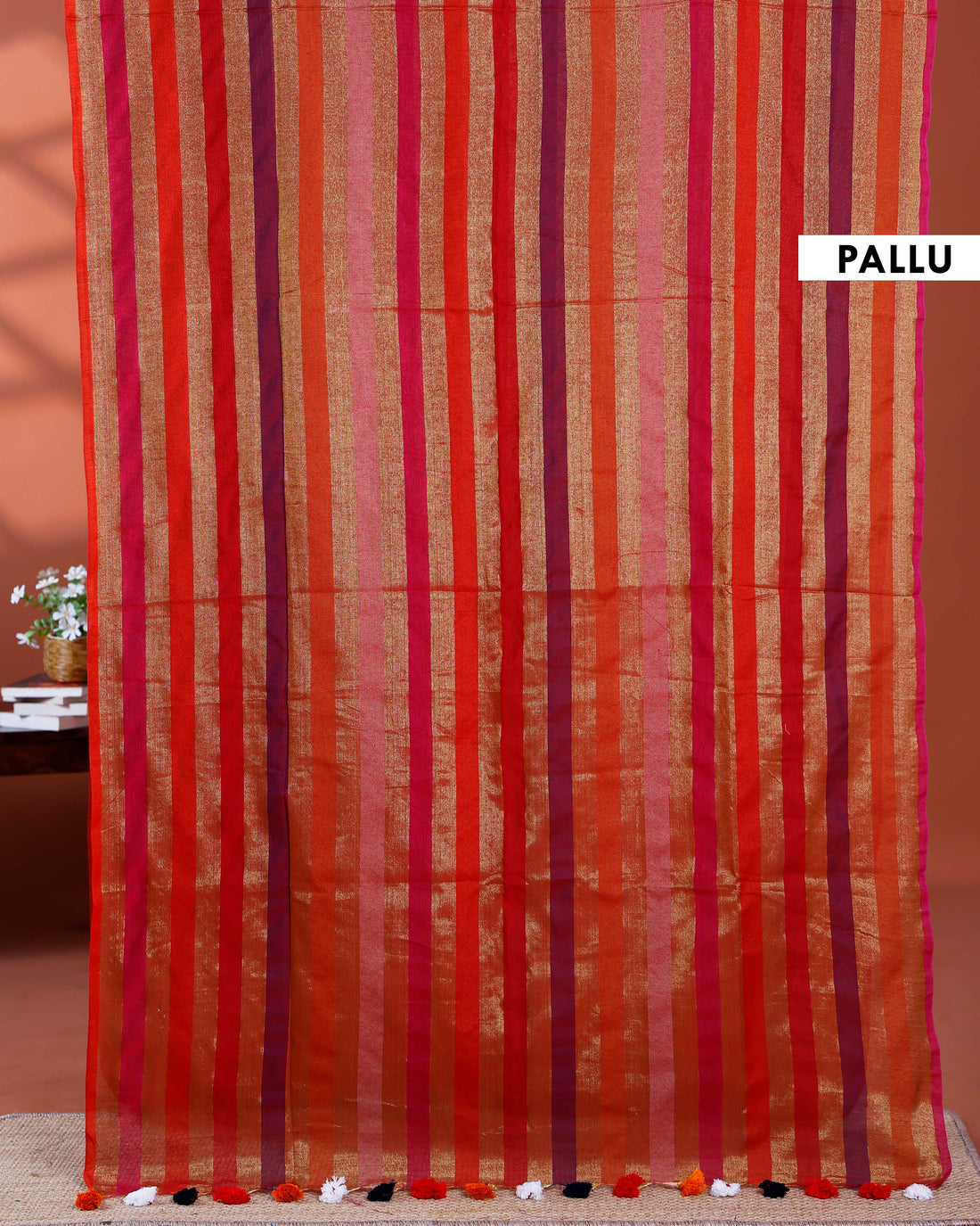 Handloom Mul Mul Cotton Saree with Vertical Stripe Pattern and Decorative Tassels - Multi