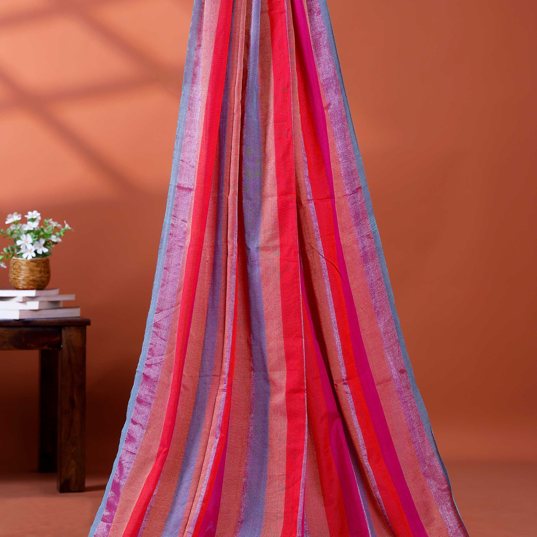 Handloom Mul Mul Cotton Saree with Vertical Stripe Pattern and Decorative Tassels - Multi