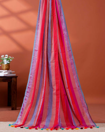 Handloom Mul Mul Cotton Saree with Vertical Stripe Pattern and Decorative Tassels - Multi