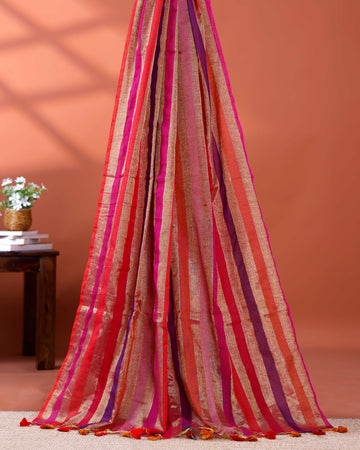 Handloom Mul Mul Cotton Saree with Vertical Stripe Pattern and Decorative Tassels - Multi