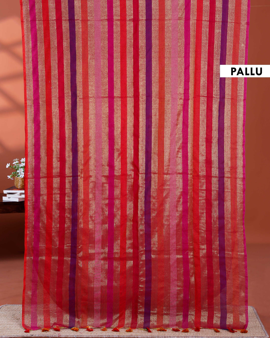 Handloom Mul Mul Cotton Saree with Vertical Stripe Pattern and Decorative Tassels - Multi